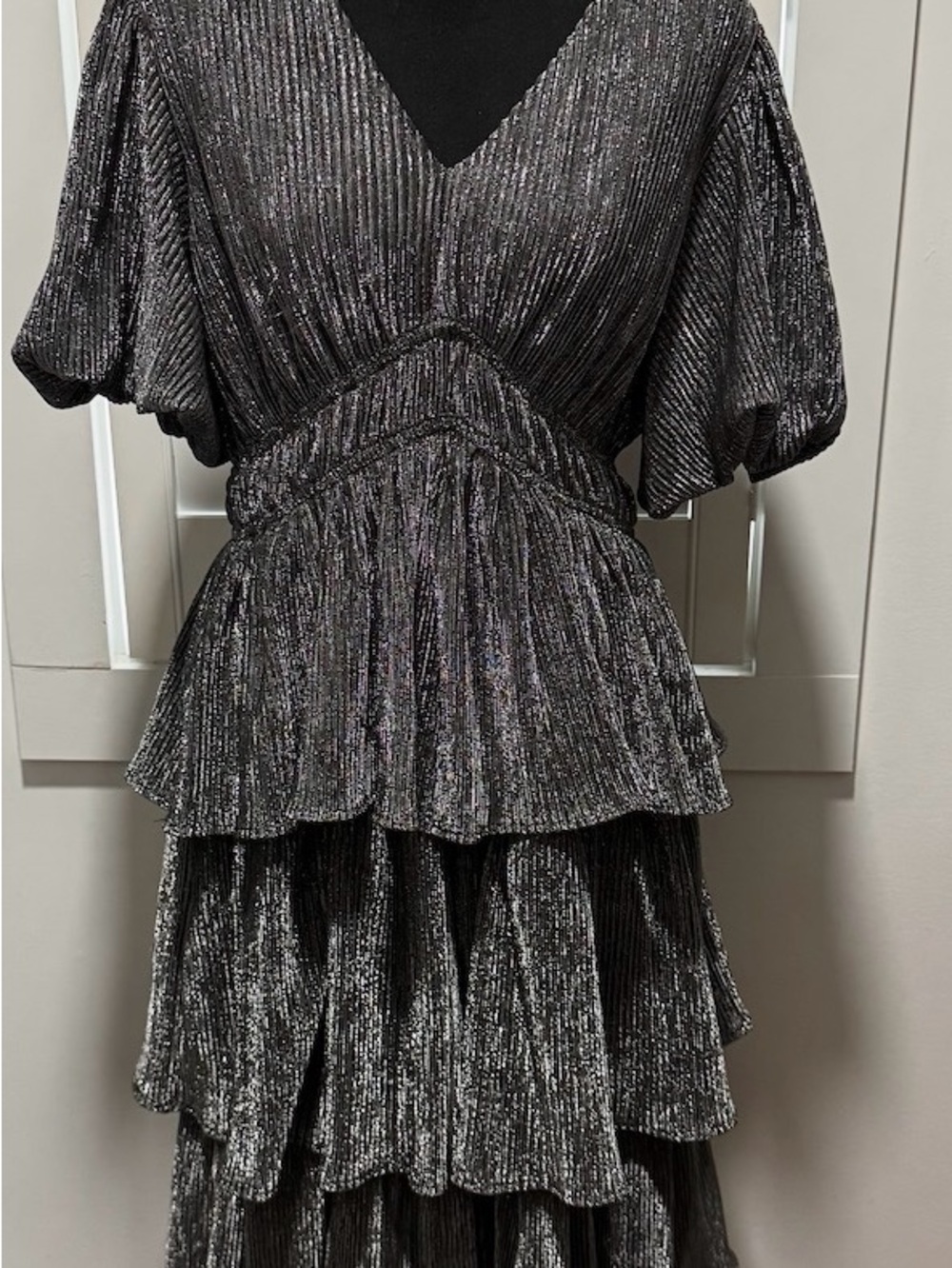 entro Metallic Gunmetal Tiered Midi Dress